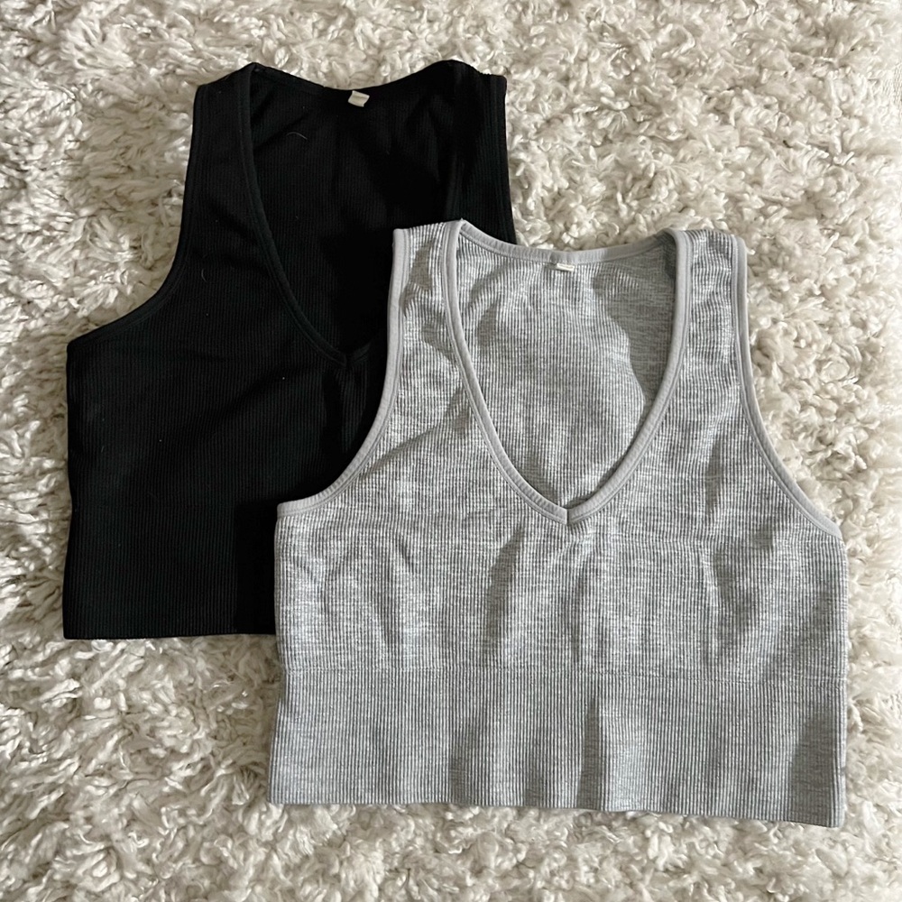 Pair of 2 Black & Grey Longline Ribbed V-Neck Sports Bras M